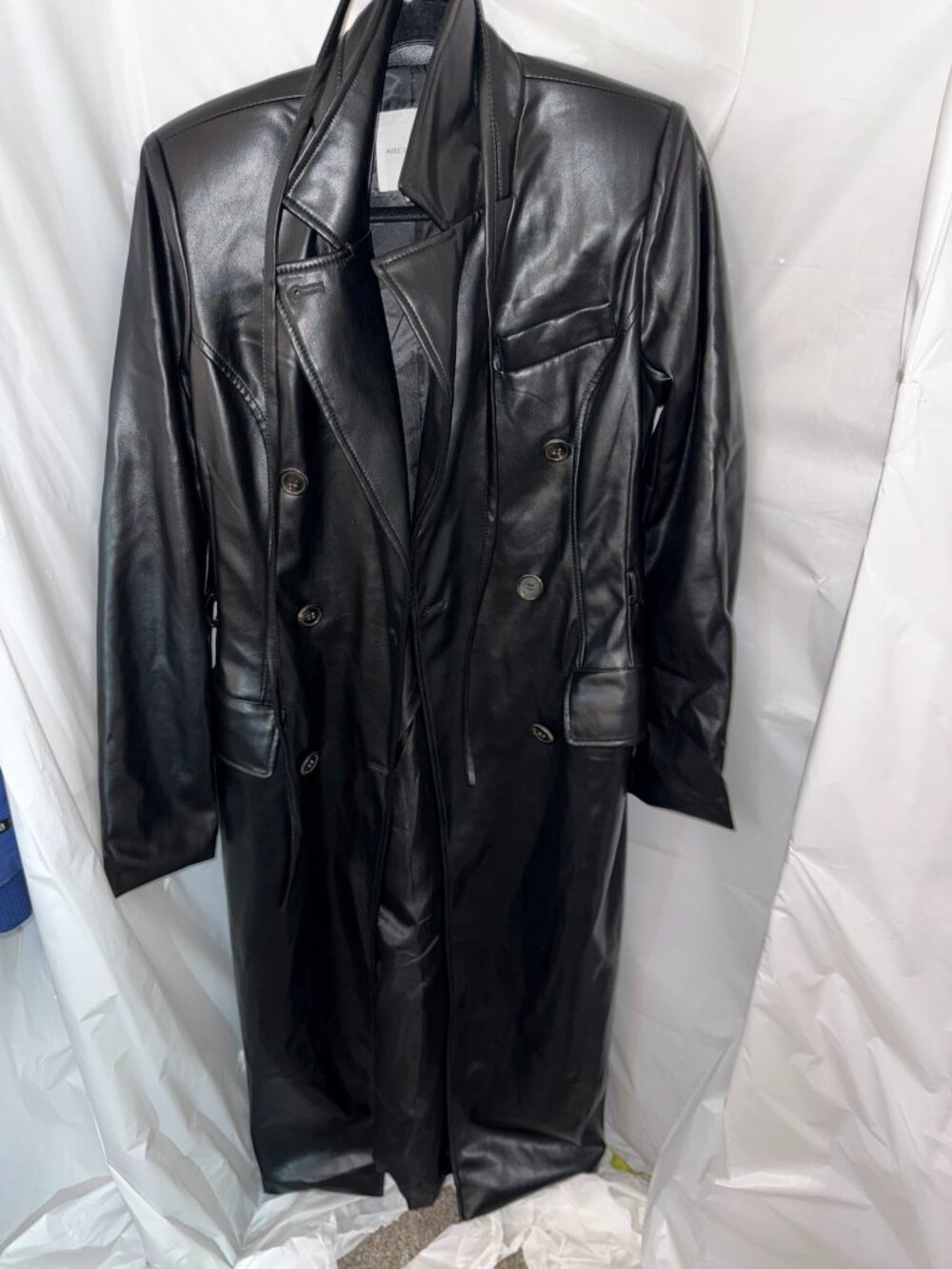 Avec Les Filles Black Faux Leather Double Breasted Trench Coat Size XS